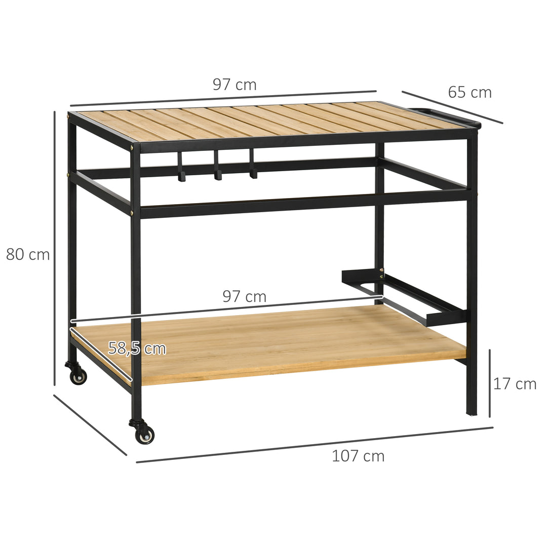 Serveringsvogn i industriel stil, vejrbestandig, 3 kroge, 1 hylde, 107 cm x 65 cm x 80 cm, sort + natur