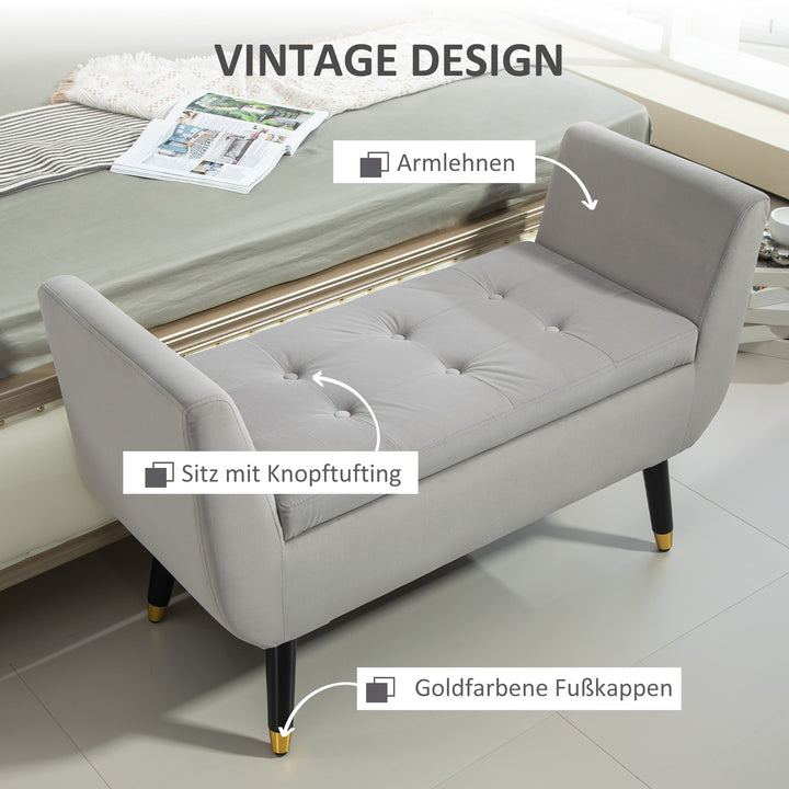 Opbevaringsbænk med armlæn, kommodebænk, fløjlspolyester, gummitræ, lysegrå, 107 x 42 x 65 cm