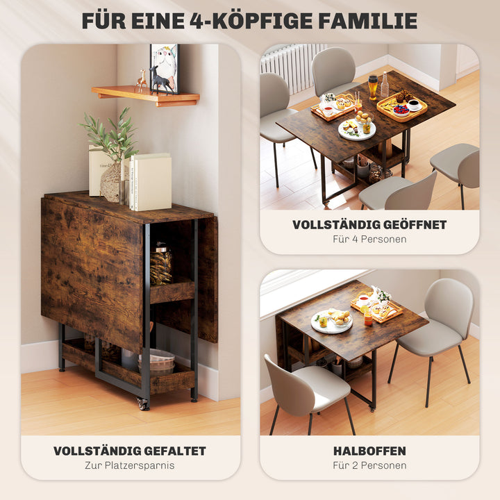 Klapbart spisebord i industrielt design, til op til 4 personer, åbne hylder, fleksibelt, metal, spånplade, brun