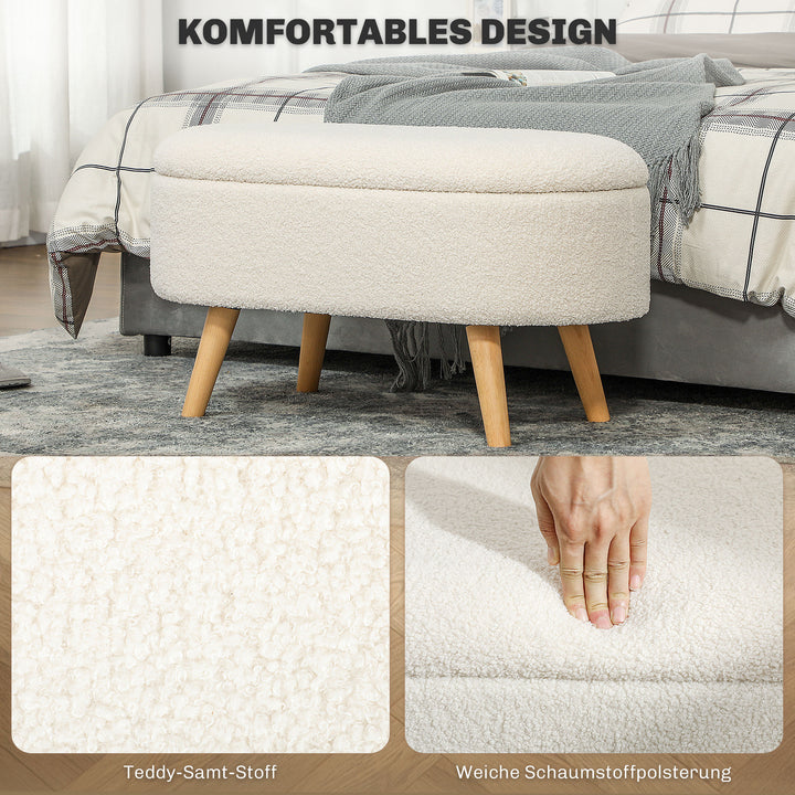 Bænk med opbevaring og låg, fodskammel til entré, stue, soveværelse, træ, stofbetræk, hvid