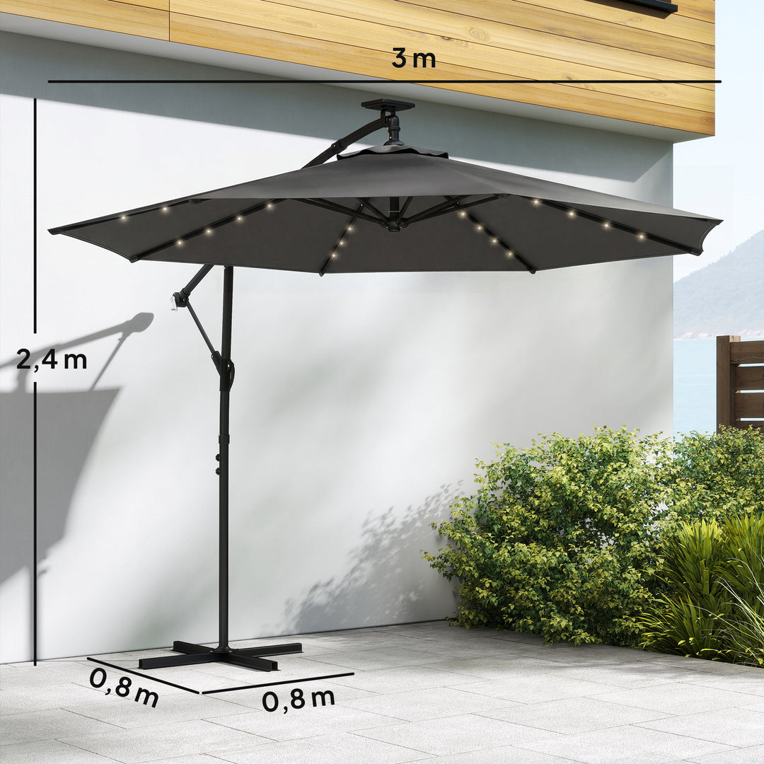 LED solcelledrevet parasol, ca. Ø300 cm, drejelig, med håndsving, beskyttelsesovertræk, mørkegrå