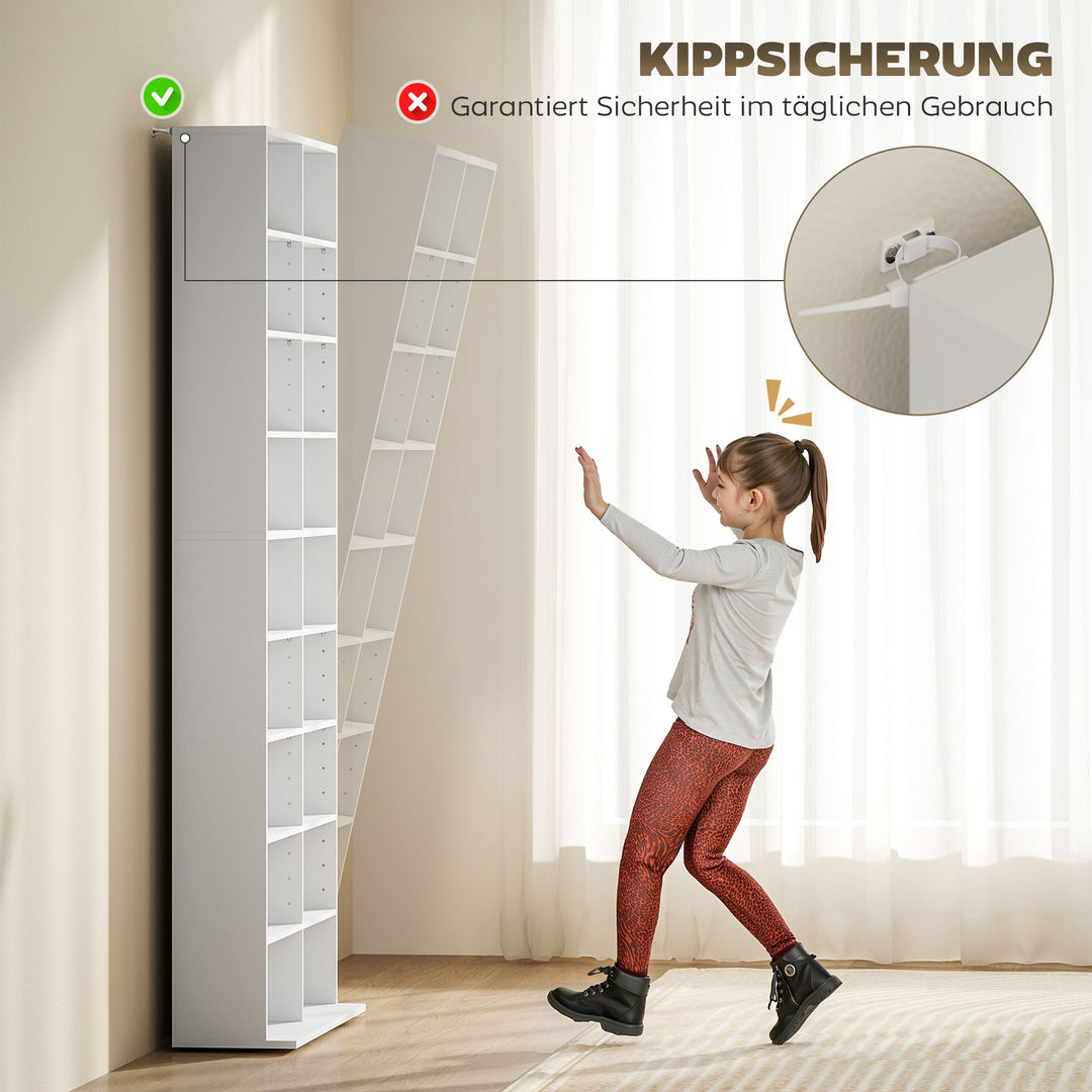 Dvd-hylde, cd-opbevaringsstativ, 14 justerbare hylder, 18 rum, 175 cm, blu-ray-hylde, spånplade, hvid