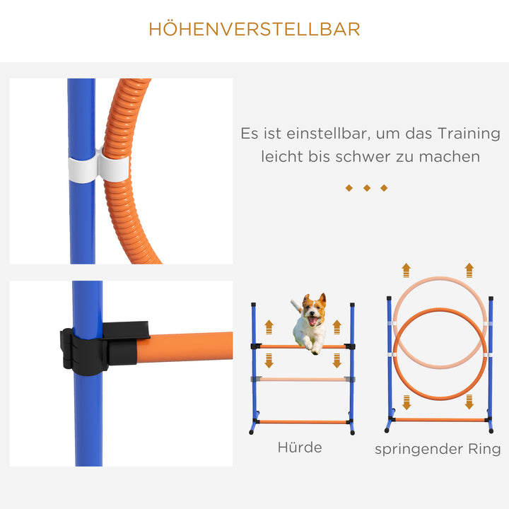 Hundeagilitysæt, forhindringsbane til hunde, 1 dæk, 1 hækkeløb, 1 slalomsæt, 352 cm x 66 cm x 69 cm, blå + rød