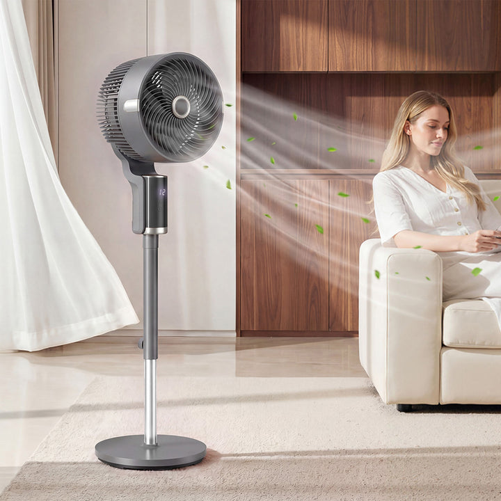 Sokkelventilator, luftcirkulator, ventilator med 8 hastighedsindstillinger, LED-display, fjernbetjening, timer, 90° oscillation, grå