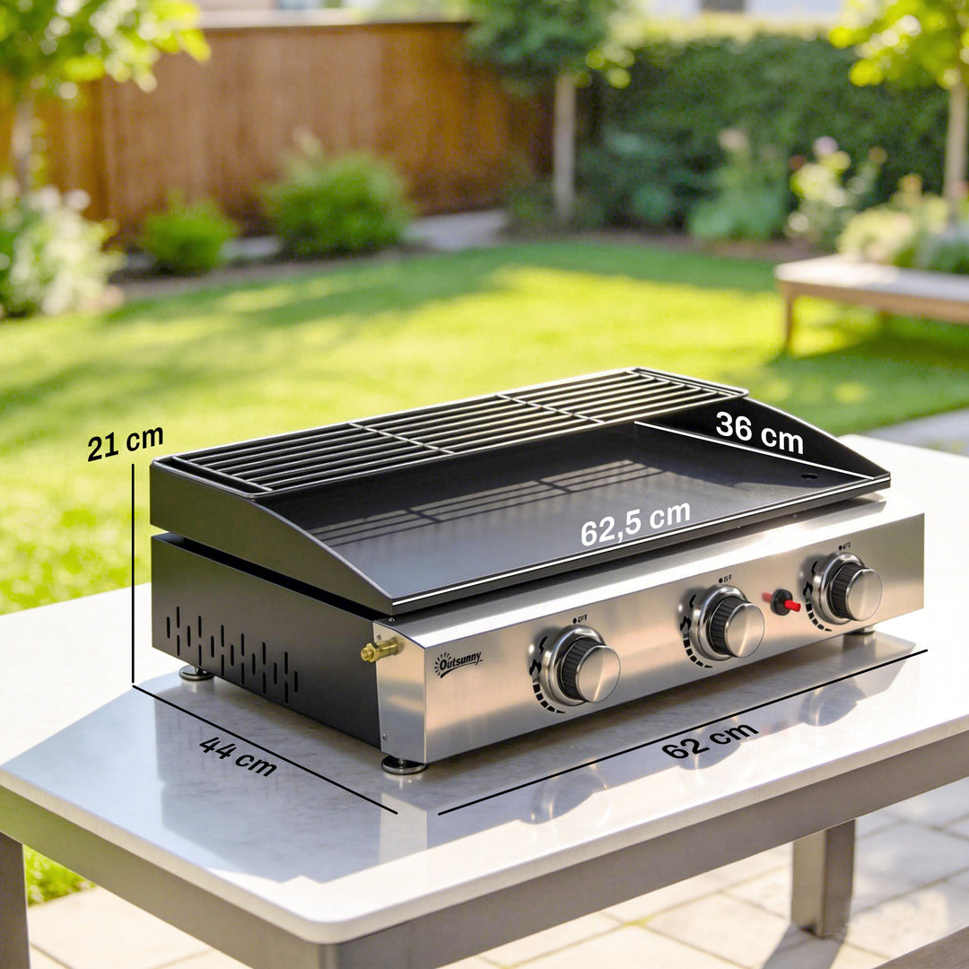 Gasgrill 7,5 KW Bærbar bordgrill med 3 brændere Keramisk belægning Grillrist Varmeplade