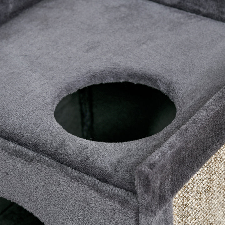 Kradsetønde med 2 kattehuler, 1 hvileområde, sisal kradsemåtte, plys, grå + naturlig