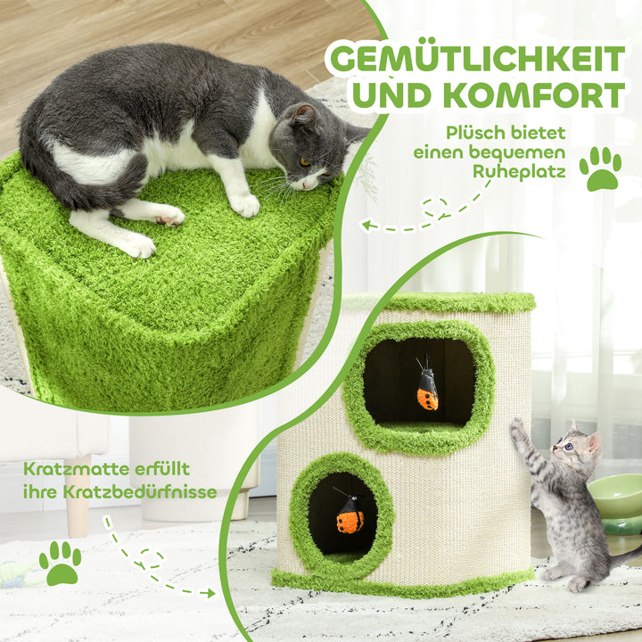 Kradsetårn, 52 cm, kattehule med plys, kradseområde, legetøj, grøn/cremehvid