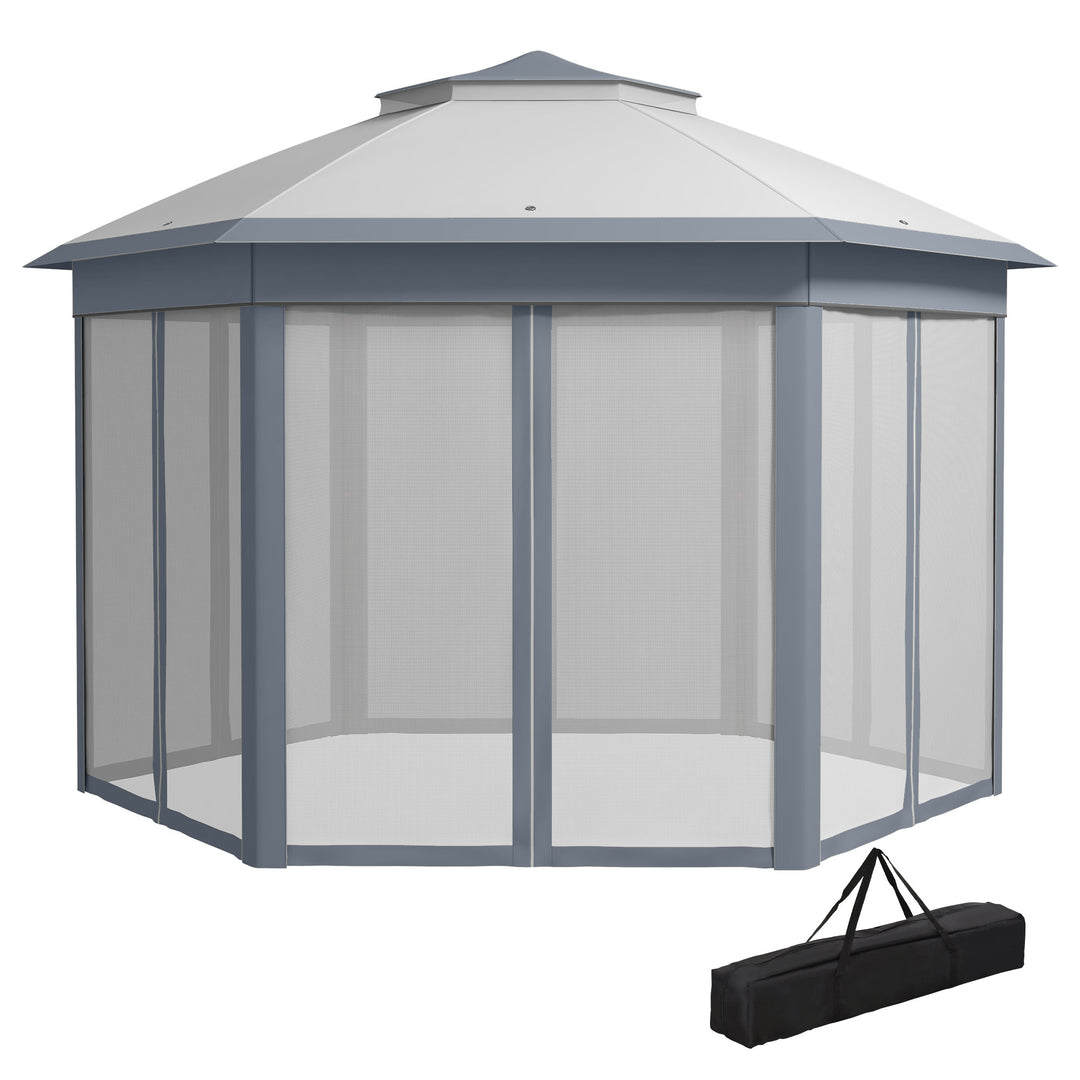 Foldbart pavillon 4 x 4m sekskantet design, netgardiner, vandafvisende, ventileret tag til grill, grå og hvid