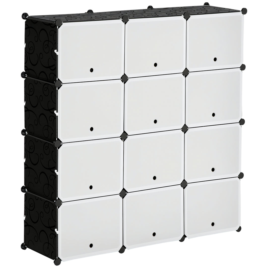 Modulært reolsystem, indstiksreol, samlet af 12 kuber 125 x 32 x 125 cm, plast + stål sort