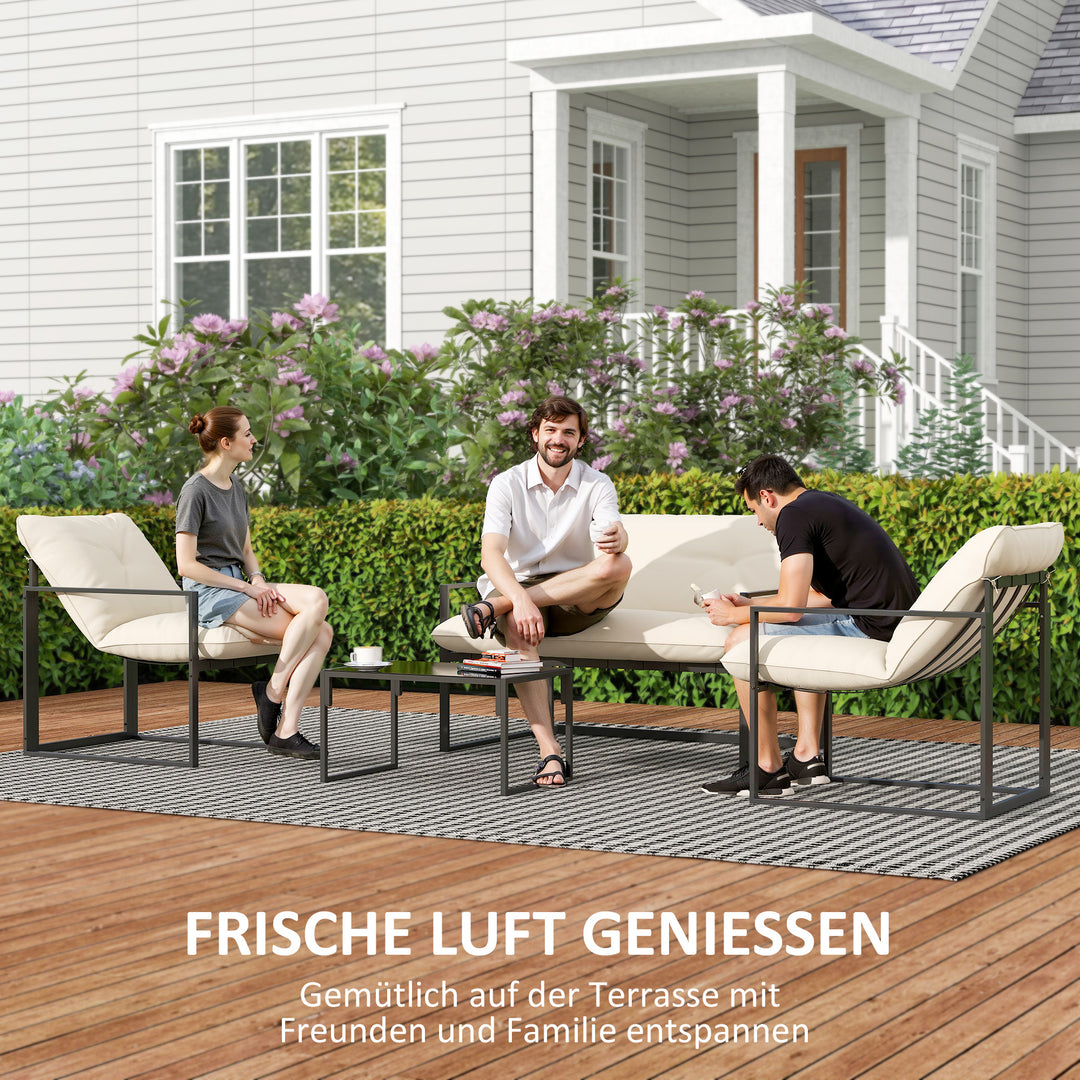 Havemøbelsæt, 1 glasbord, 2 lænestole, 1 sofa, vejrbestandig, 114 cm x 70 cm x 67 cm, grå og beige