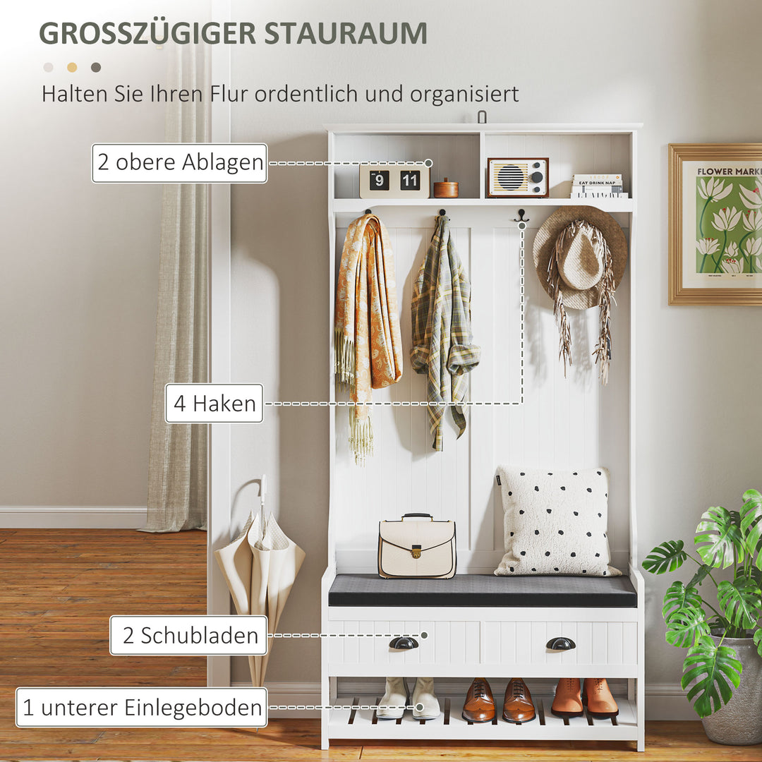 Knagerække med kroge, garderobe med skobænk, til entré, entré, metal, mdf, hvid+grå