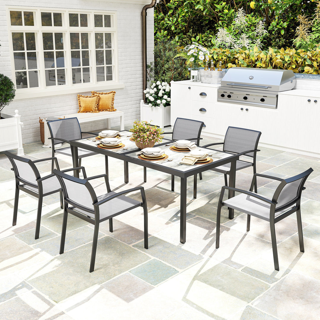7-Delt spisebordssæt, 6 stole, 1 bord, stabelbart, let at rengøre, stålstel, havemøbelsæt, grå
