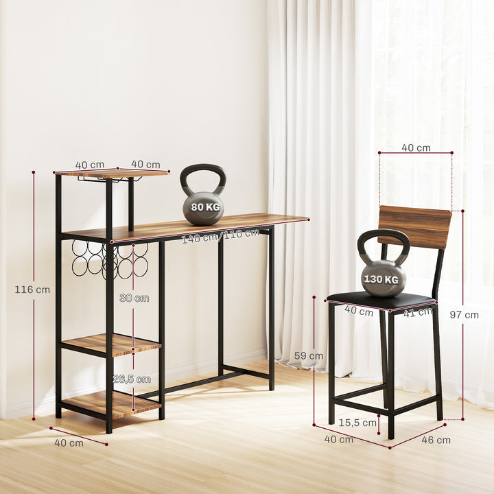 3-Delt barbordssæt, 1 barbord, 2 stole, med vinreol, glasholder, åbne hylder, fodstøtter, brun