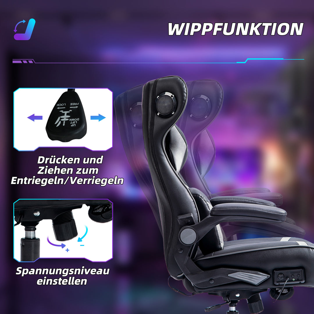 Gamingstol med vippefunktion og højttaler, lænde- og nakkestøtte, til legerum, kunstlæder, grå+sort