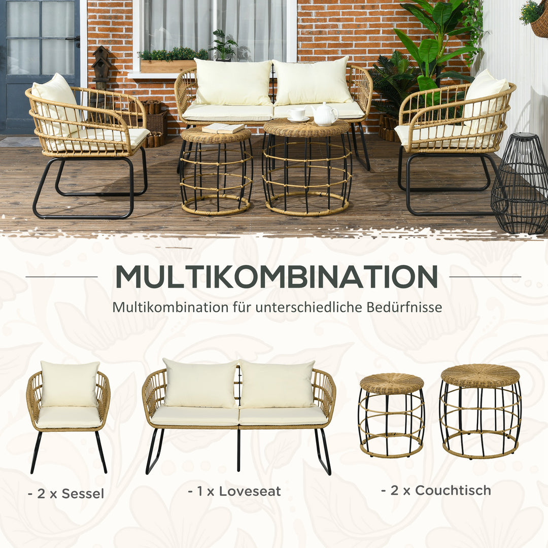 Rattan loungesæt udendørs siddegruppe, boho stil, 5-delt sæt, 145 x 70 x 78 cm, creme + natur + sort