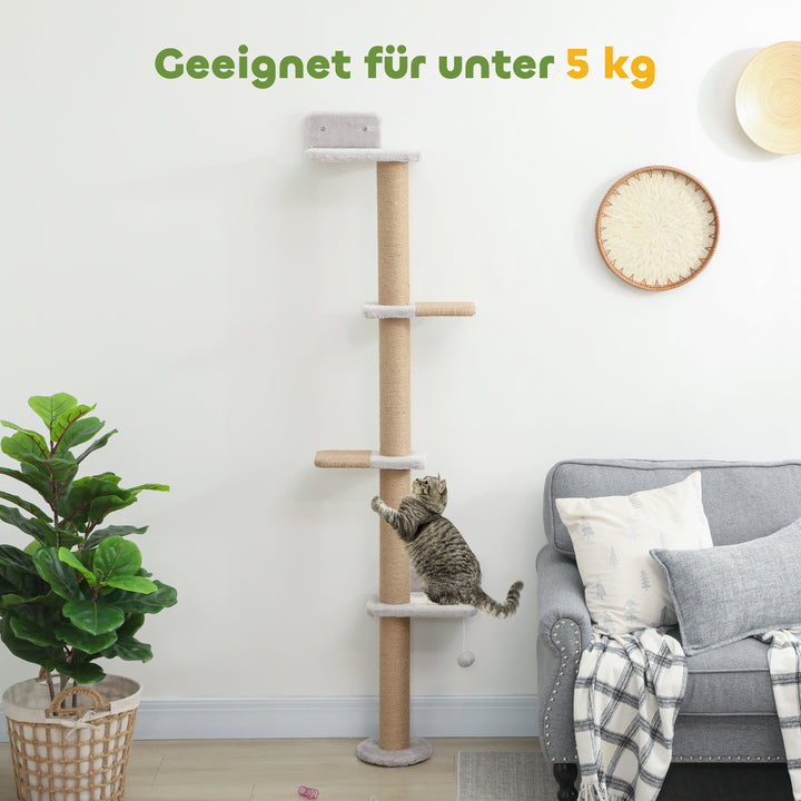 Kradsetræ til katte, 5-lags design, legetøj, sisalpæle, plysstof, lysegrå