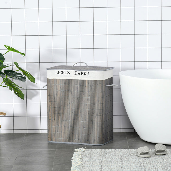 100L vasketøjskurv med 3 håndtag, med vaskbar vasketøjspose, bambus, polyester, bomuld, metal, 52 x 32 x 63 cm, grå