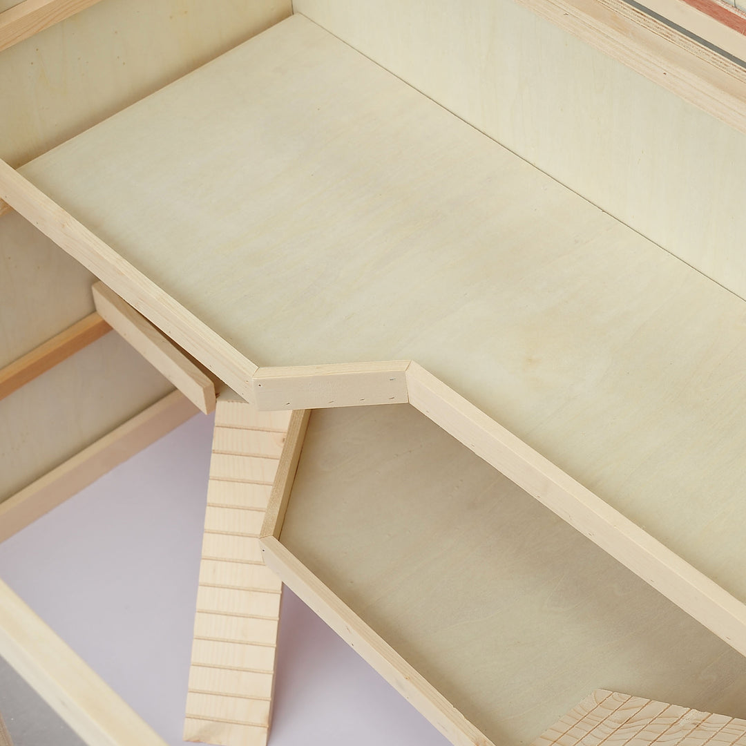 Hamsterbur af træ, 3 niveauer, gnaverbur med rengøringsbar hylde, smådyrsbur med foldelåg, trappe, træbur, bur til hamstere, dværghamstere, 115 x 57 x 55 cm, naturtræ