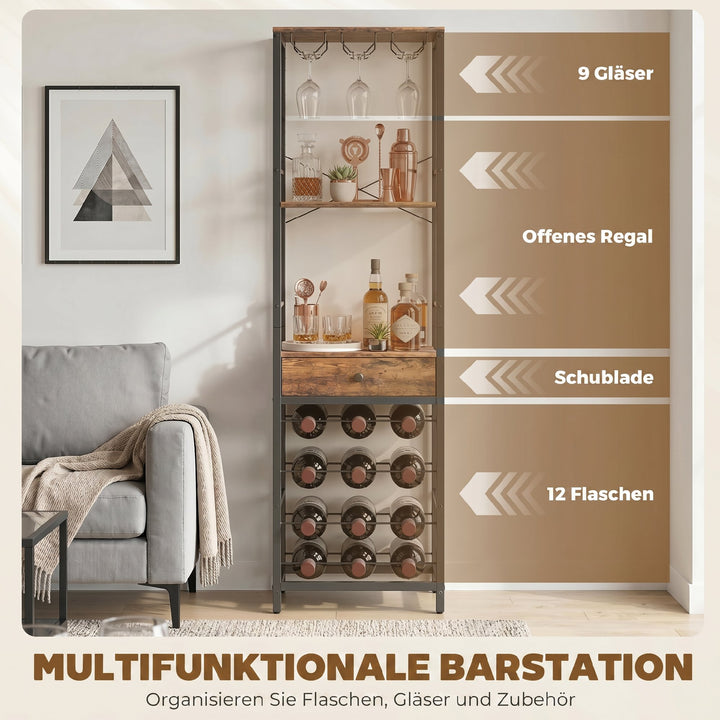 Vinbarskab med skuffe, industrielt barskab, vinreol til 12 flasker, glasholder, rustik brun