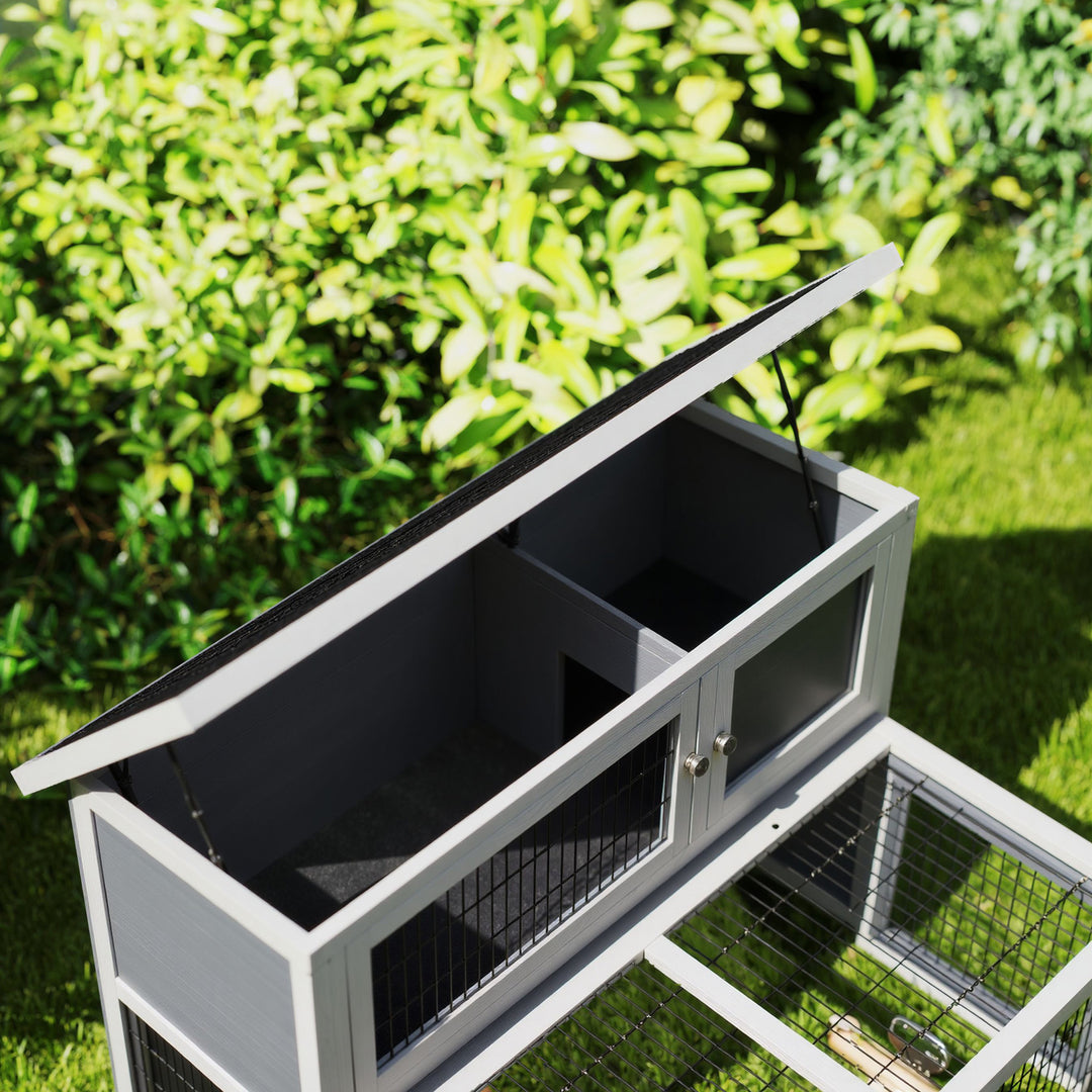 Kaninbur 2 niveauer med foldbart tag kaninbur lavet af massivt træ vintersikkert dobbelthus 122x95x93,5 cm grå