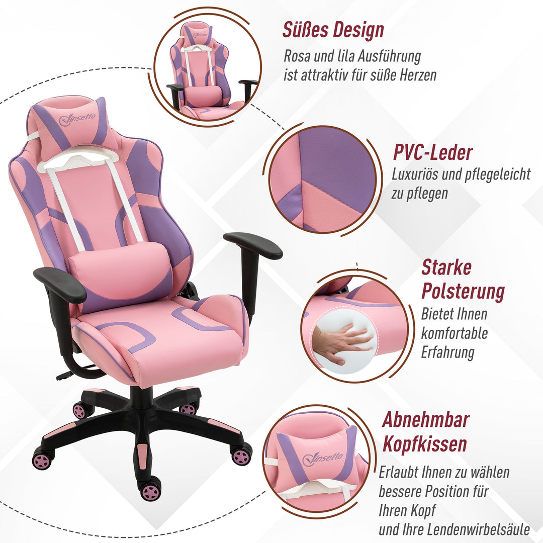 Ergonomisk gamingstol kontorstol drejestol justerbar massage lændepude højdejusterbar pink og lilla 69 x 56 x 125,5 cm
