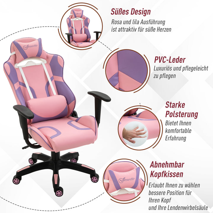 Ergonomisk gamingstol kontorstol drejestol justerbar massage lændepude højdejusterbar pink og lilla 69 x 56 x 125,5 cm