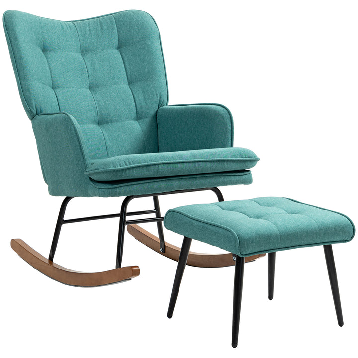 Gyngestol med fodskammel, bredt sæde, høj ryg, imiteret hør, mintgrøn