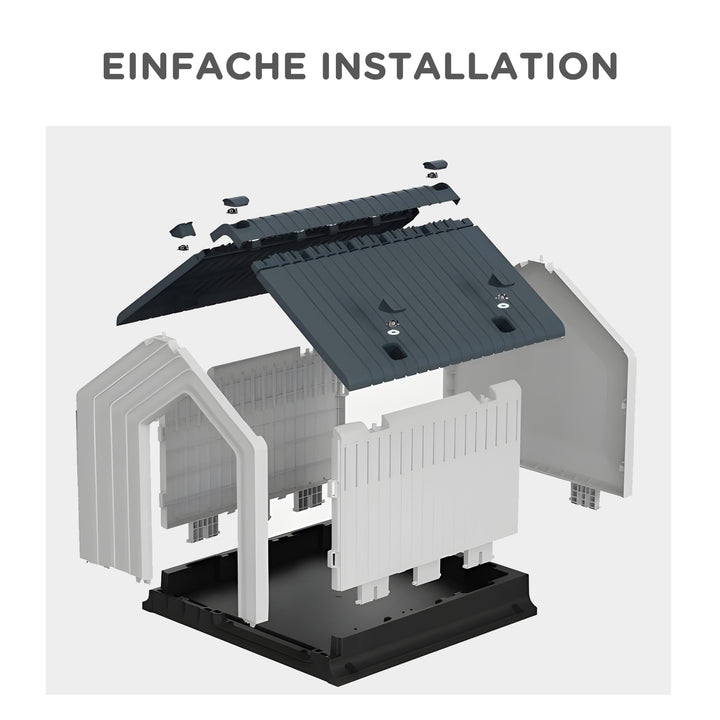 Hundehus, vejrbestandigt, vindue og dør, til små hunde op til 10 kg/40 cm længde, 62x61x60 cm, grå/hvid