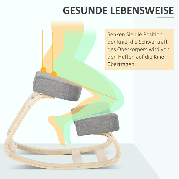Knælestol, ergonomisk skammel, polstret skammel til sund siddestilling, birketræ, 120 kg lasteevne, grå