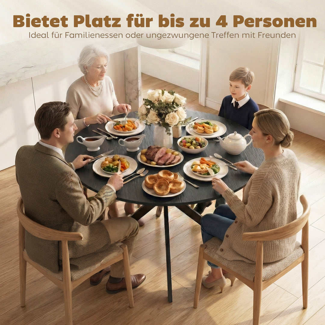 Rundt spisebord til 4 personer, industrielt køkkenbord med stålben, til spisestue, køkken, sort