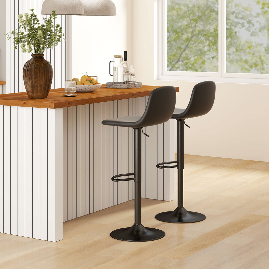 Sæt med 2 barstole, drejelige barstole i kunstlæder med ryglæn og fodstøtte, metalbase, sort