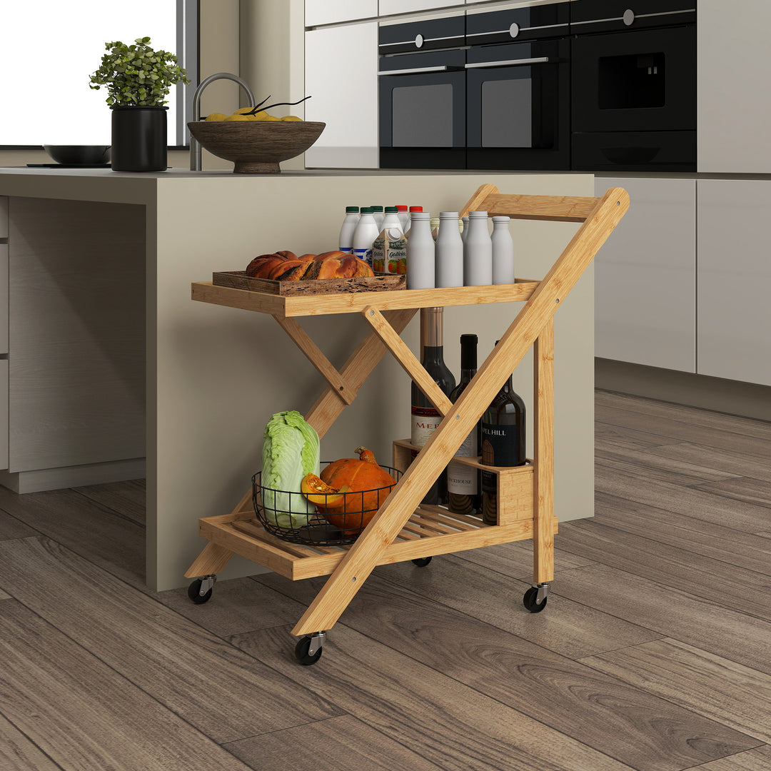 Køkkenvogn på hjul, serveringsvogn med 3 vinreoler, 2 bakker, til køkken, spisestue, bambustræ, lysebrun