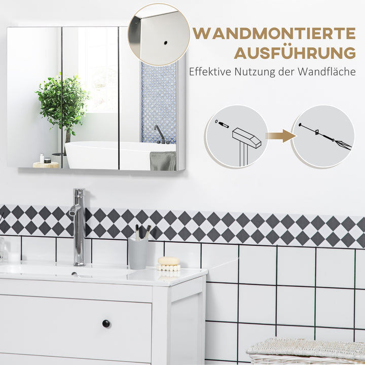 Spejlskab, badeværelsesskab, 3 spejldøre, 5 indvendige hylder, rustfrit stål, farve: sølv, 70 x 12 x 55 cm