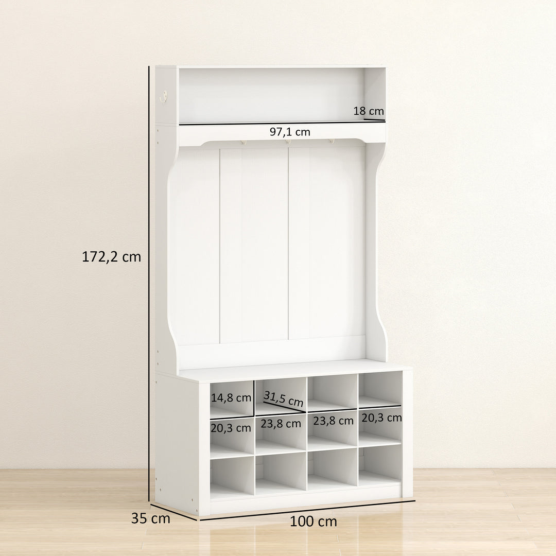 Garderobe med hylde, bænk, kroge, skorum, spånplade, MDF, hvid