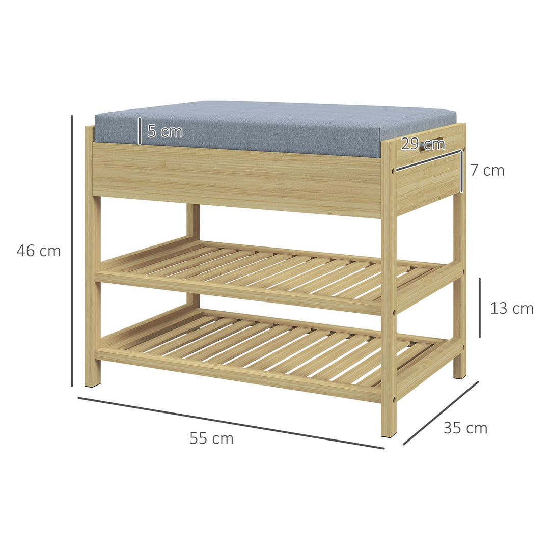 Skobænk med 2 hylder og polstret sæde, bambus, 55 x 35 x 46 cm, grå + naturfarvet