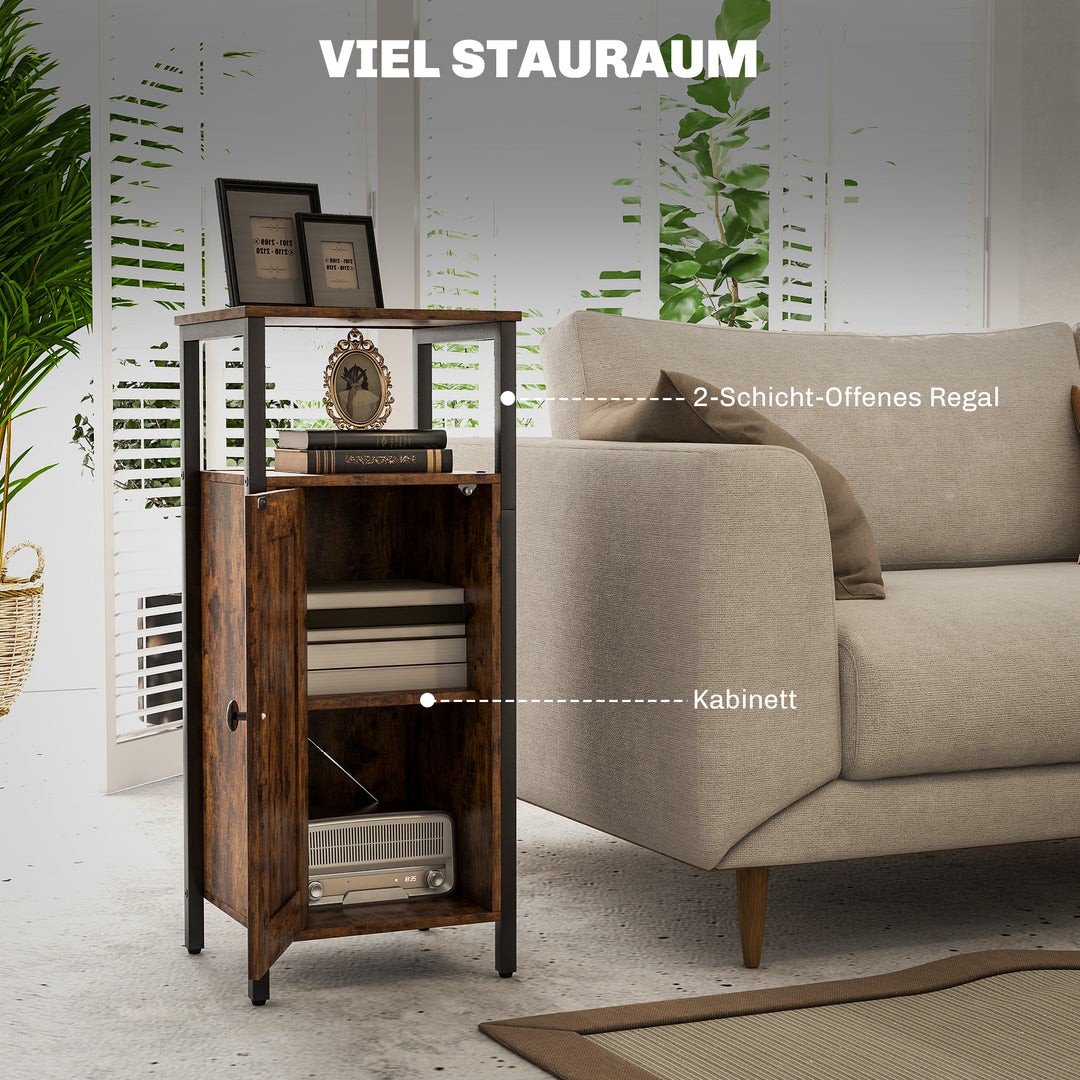 Sidebord med opbevaring, 2 åbne hylder, justerbar i 3 niveauer, magnetisk dør, brun