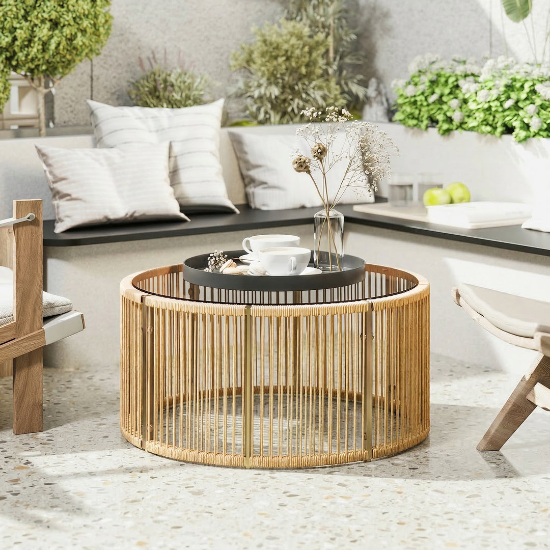 Sidebord af polyrattan, sofabord med hærdet glasplade, havebord med stålstel, 70 x 70 x 33 cm, brun