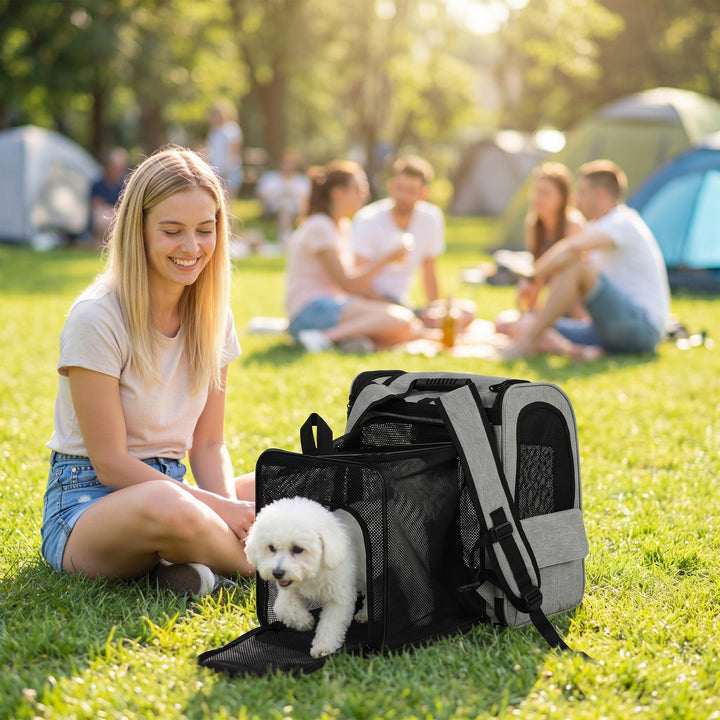 Udvideligt hundebur, transportkasse til hunde med 5 lommer og refleksstribe, til hunde op til 10 kg, 33,5x28x42cm, lysegrå