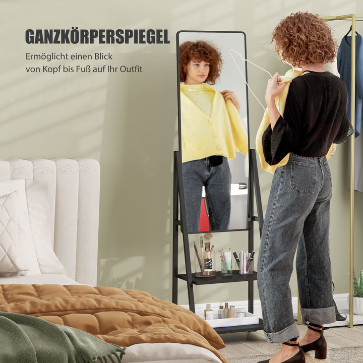Rullespejl i fuld længde med 2 hylder og 4 hjul, til soveværelse, stue, entré, sort