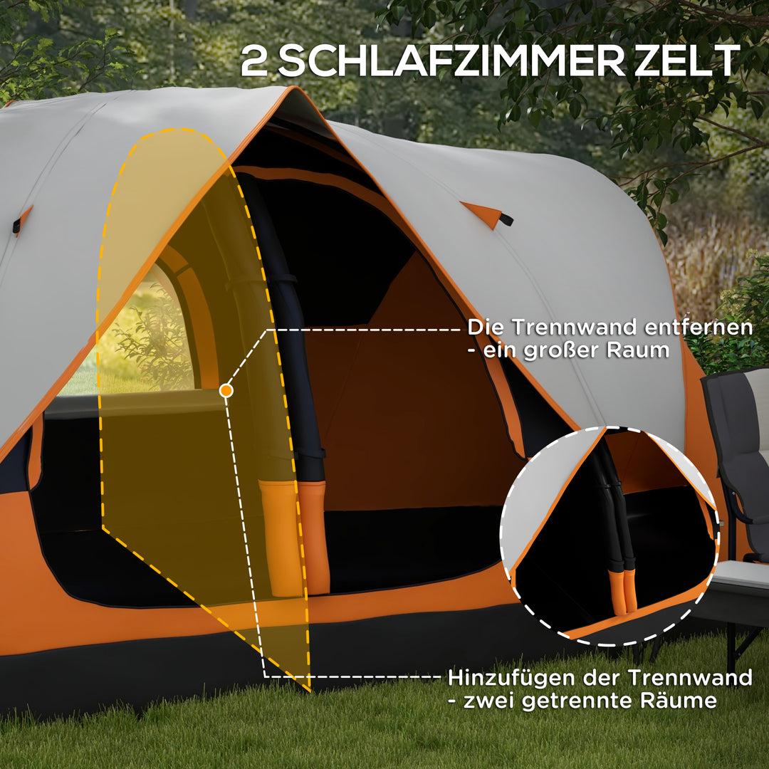 Campingtelt, 2 rum, skillevæg, til 6-8 personer, regnslag, orange