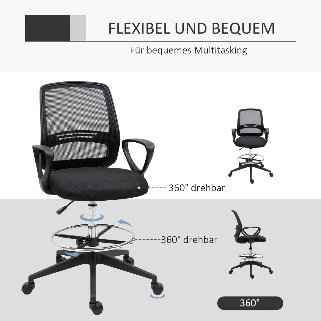 Ergonomisk kontorstol med armlæn og justerbar fodring, højdejusterbar drejestol med netpolstring, sort