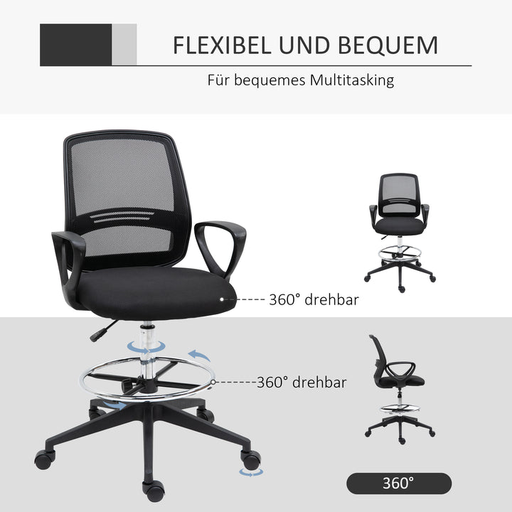 Ergonomisk kontorstol med armlæn og justerbar fodring, højdejusterbar drejestol med netpolstring, sort