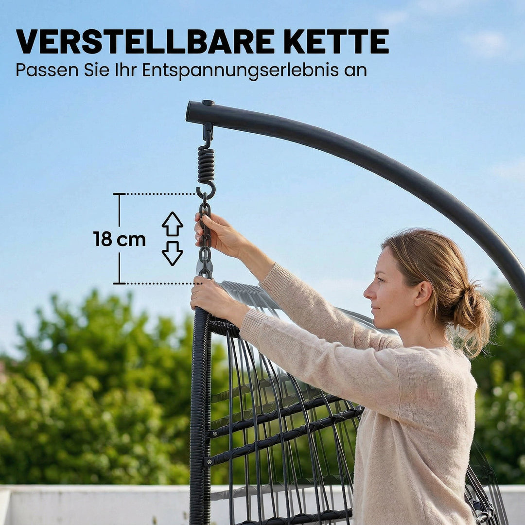 Hængestol med stel, foldbar hængekurv i polyrattan med hynde, sikkerhedssele, nakkestøtte, justerbare stropper