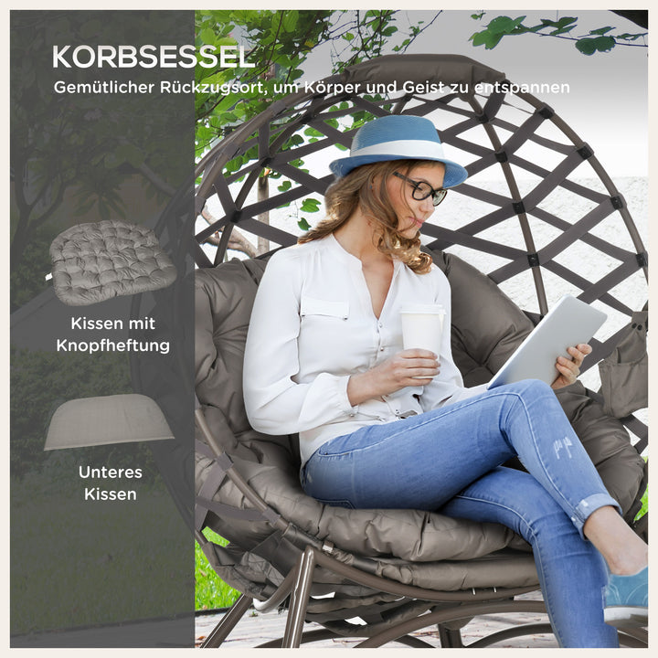 Havestolsæt med 2 dele, skammel/sidebord, stor sædehynde, stålstel, farve: sand, 118 x 75 x 142 cm