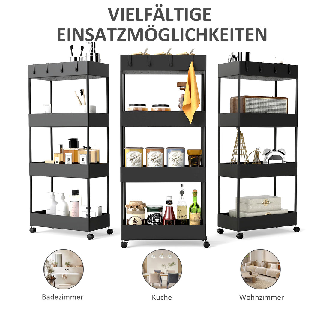 Køkkenvogn med 4 hylder, 4 fleksible kroge, 4 hjul, 40 cm x 19 cm x 90 cm, nichevogn, sort
