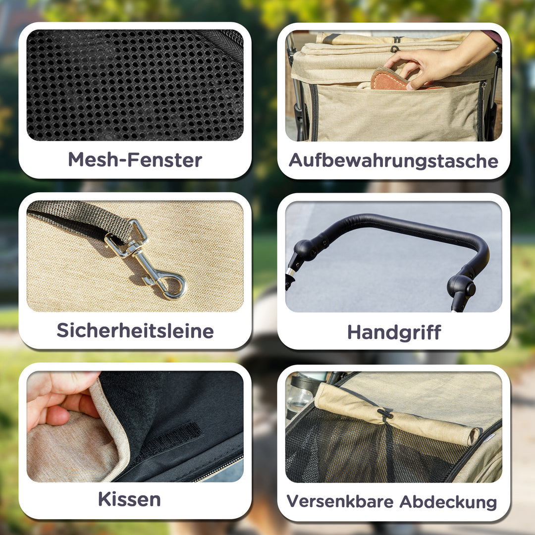 Hundeklapvogn, let og sammenklappelig transportvogn til små hunde, vaskbar hynde, netvindue, khaki