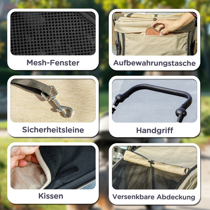 Hundeklapvogn, let og sammenklappelig transportvogn til små hunde, vaskbar hynde, netvindue, khaki