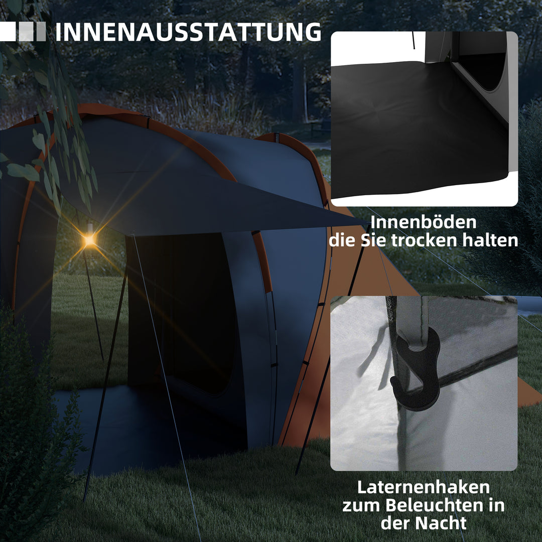 Tunneltelt, 2000 mm vandafvisende campingtelt til 4-6 personer, med 2 soveværelser, opholdsstue, bæretaske, grå+orange