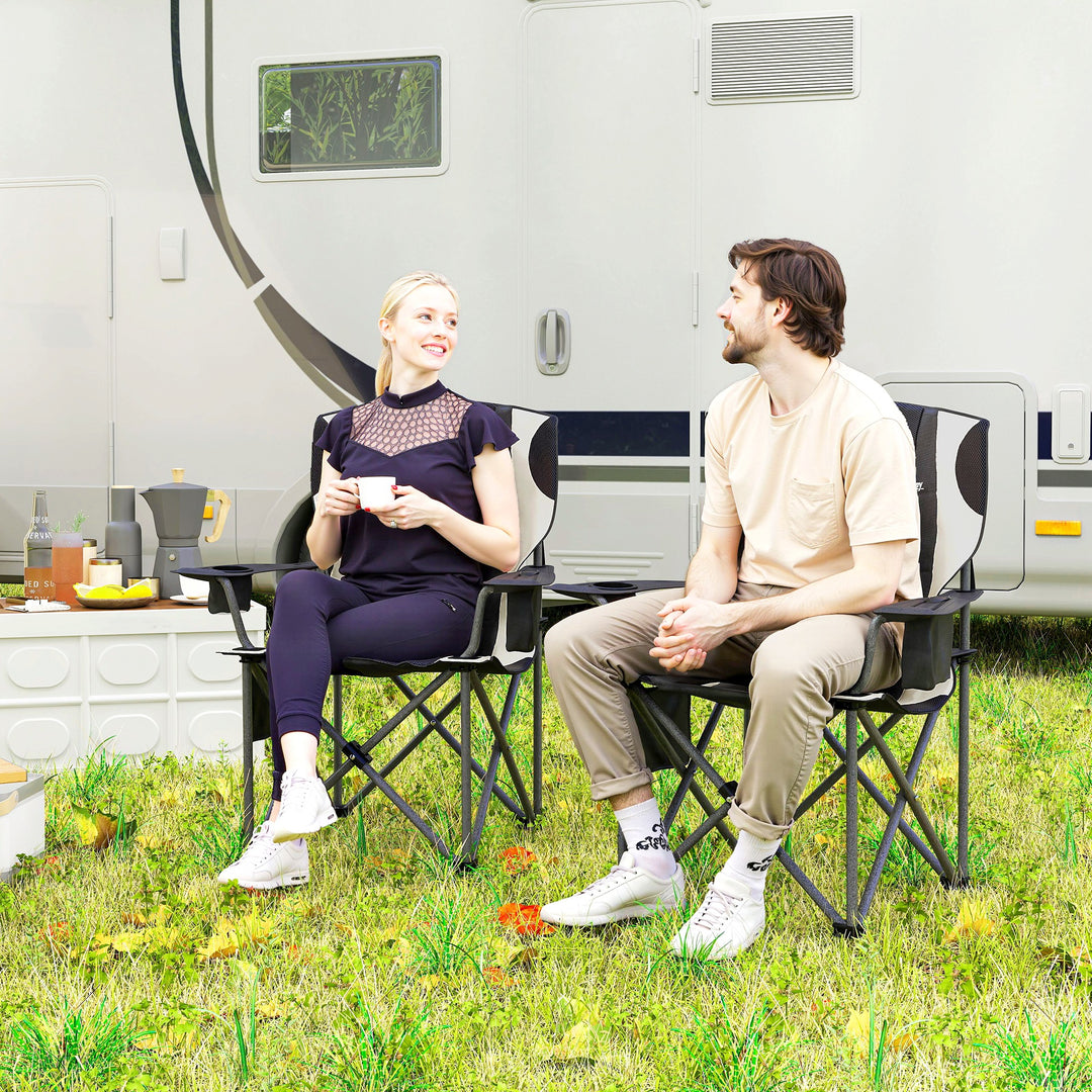 Sæt med 2 foldbare campingstole med armlæn, kopholder, nakkestøtte og køletaske, sort