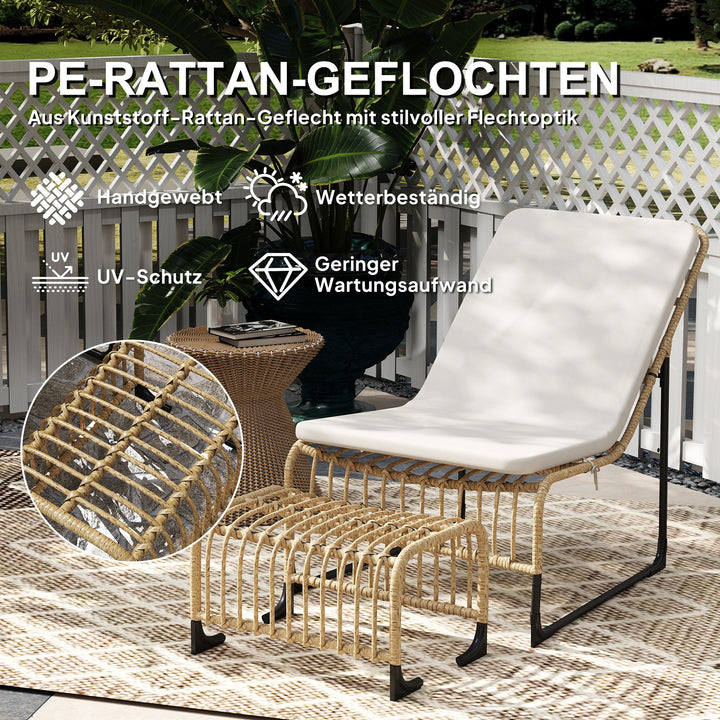 Rattan-afslapningsstol med fodskammel uv-bestandig havestol med hynderemme 65 x 93 x 80 cm naturtræ